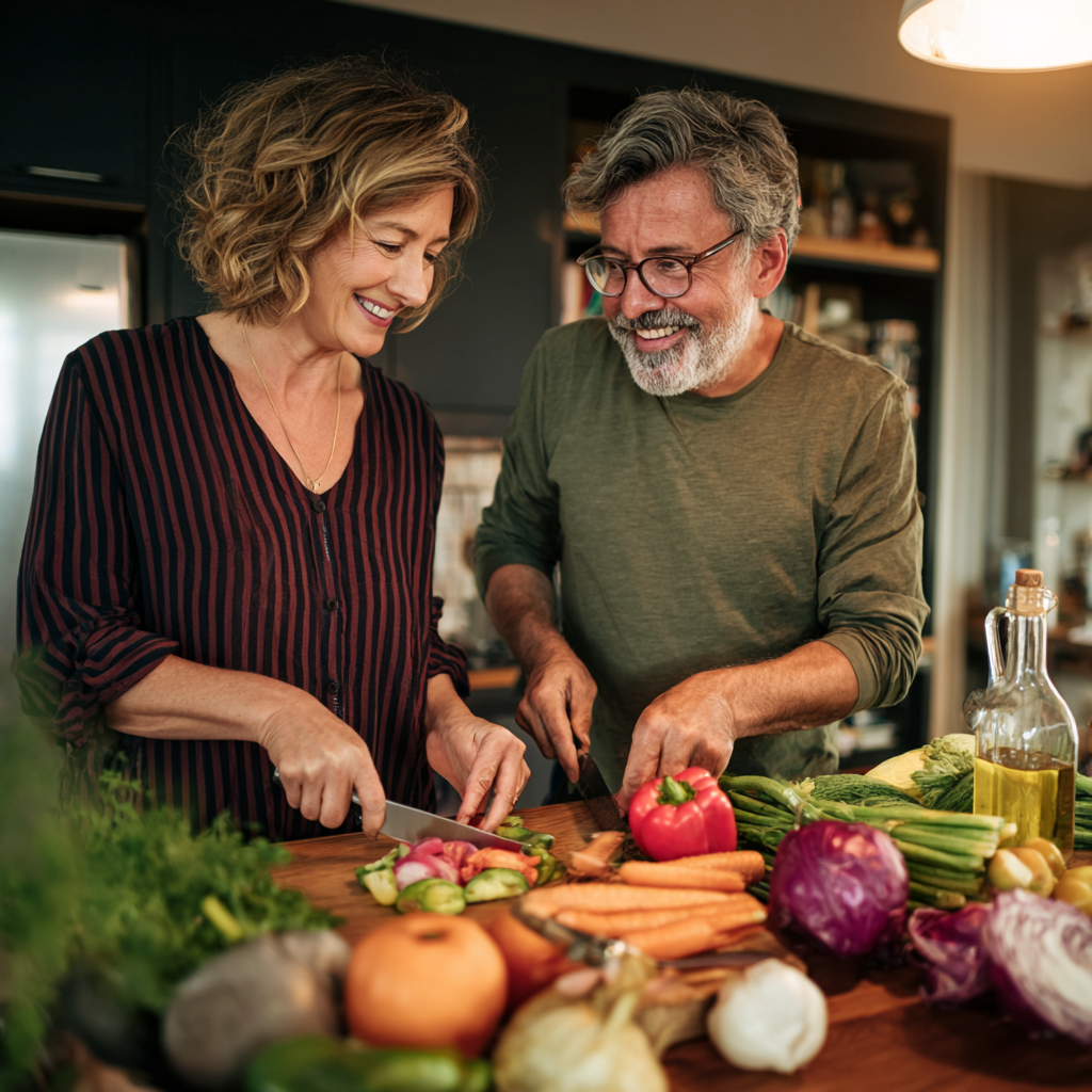 middle-aged couple preparing healthy meal together in kitchen