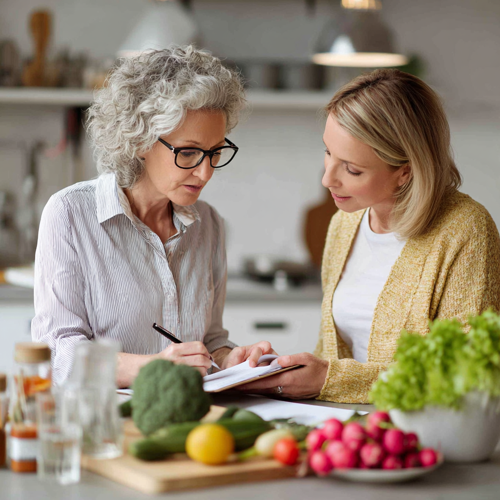 middle-aged woman consulting with nutritionist about healthy meal planning